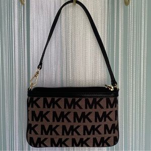 Michael Kors Black and Beige MK Monogram Wristlet Pouch